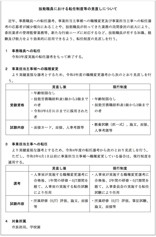 技能職員における転任制度等の見直しについて